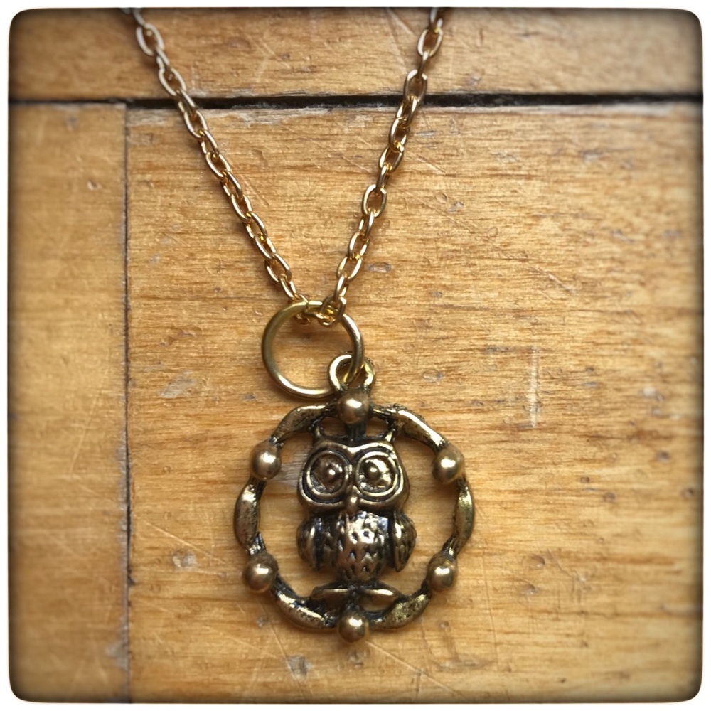 ❣️Owl in wreath gold toned necklace antiqued metal